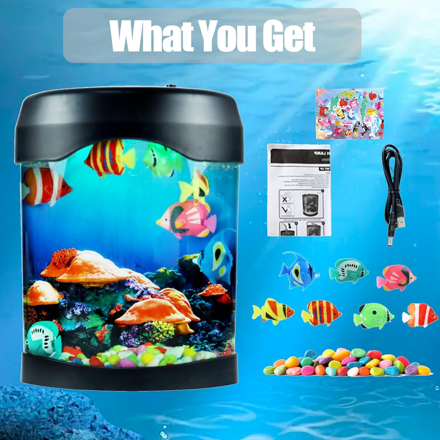 Toycol Fake Fish Lamp, LED Aquarium Sensory Light with 6 Color Changing and 7 Fake Fish, Mood-Relaxing Night Light, Exquisite Decoration for Office, Room and Party, Gifts for Kids and Adults