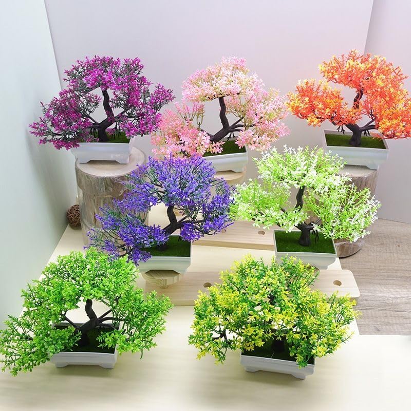 Mini Artificial Bonsai Tree Plants Artificial Plant Welcome Pine Tree with Plastic Cement Pots for Home Office Décor (Green)