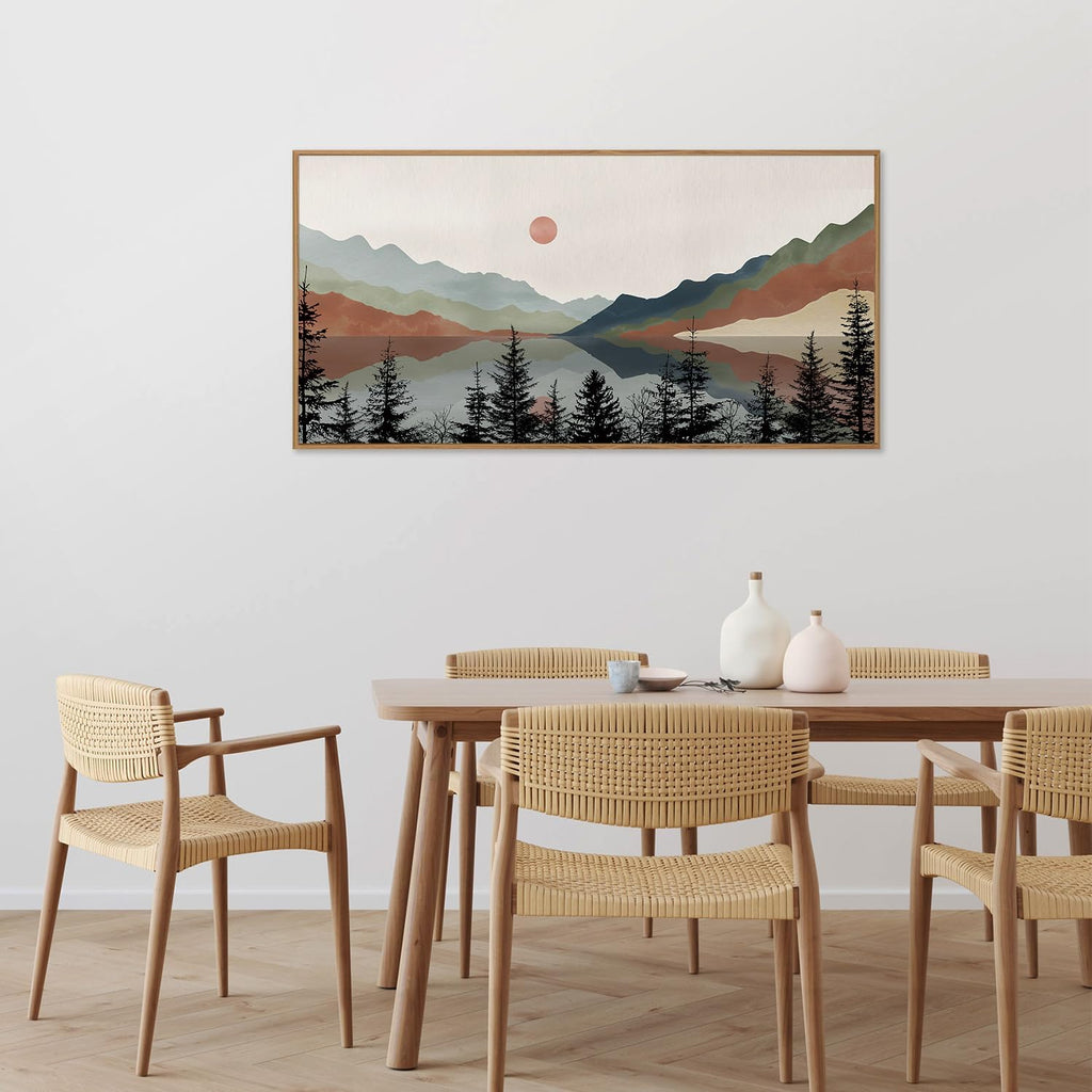 Tinonedraw Boho Mountain Framed Canvas Wall Art Set, Watercolor Nature Landscape Wall Decor, Neutral Modern Sunrise Artwork, Black Pine Trees Forest Art Prints for Living Room Bedroom Office 20"x40"