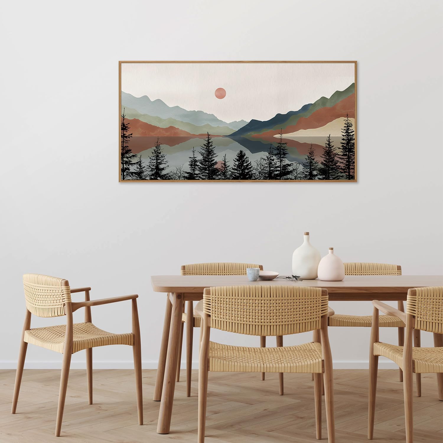 Tinonedraw Boho Mountain Framed Canvas Wall Art Set, Watercolor Nature Landscape Wall Decor, Neutral Modern Sunrise Artwork, Black Pine Trees Forest Art Prints for Living Room Bedroom Office 20"x40"