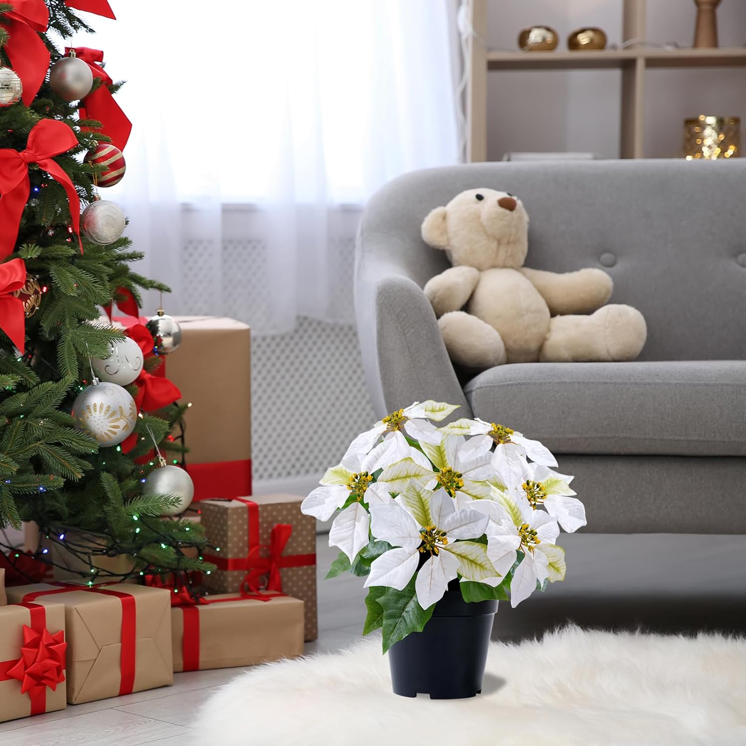 Artificial Poinsettia Flowers - 14Inch Faux Christmas Plant, Cream Winter Flowers for Indoor/Outdoor Xmas Ornament, Porch & Home Garden Decorations