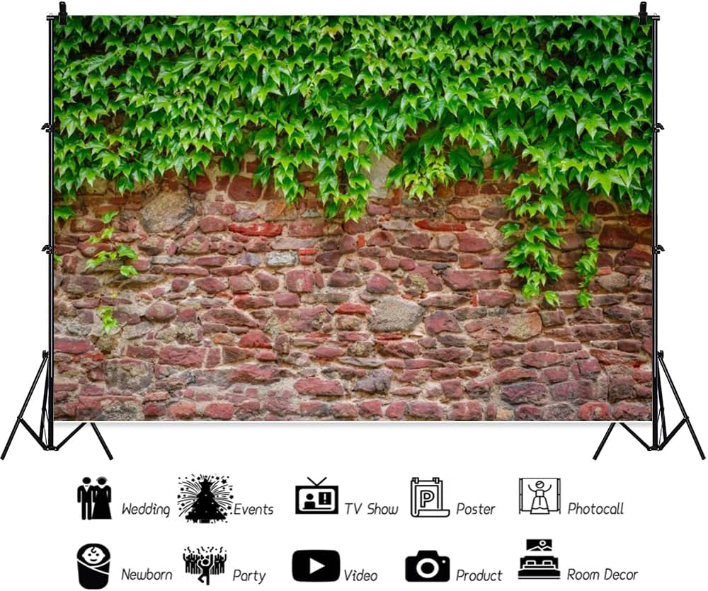 ChloropLastid 10x8ft Rustic Rock Brick Wall Backdrop Retro Stone Wall with Green Leaves Vine Photography Background Wedding Birthday Party Decor Banner Adult Kids Portrait Photoshoot Studio Props