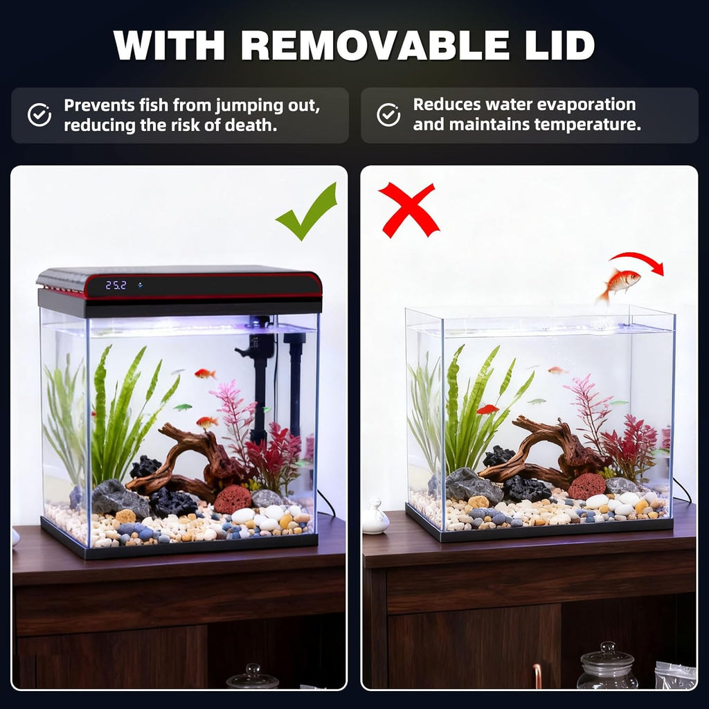 Coospider 5 Gallon Glass Fish Tank, Aquarium Starter Kit - Self-Cleaning, Ultra-Quiet Filter Pump, 3-Color LED Lights, Smart Temp Monitoring for Betta Fish, Shrimp, Kids Gift Idea