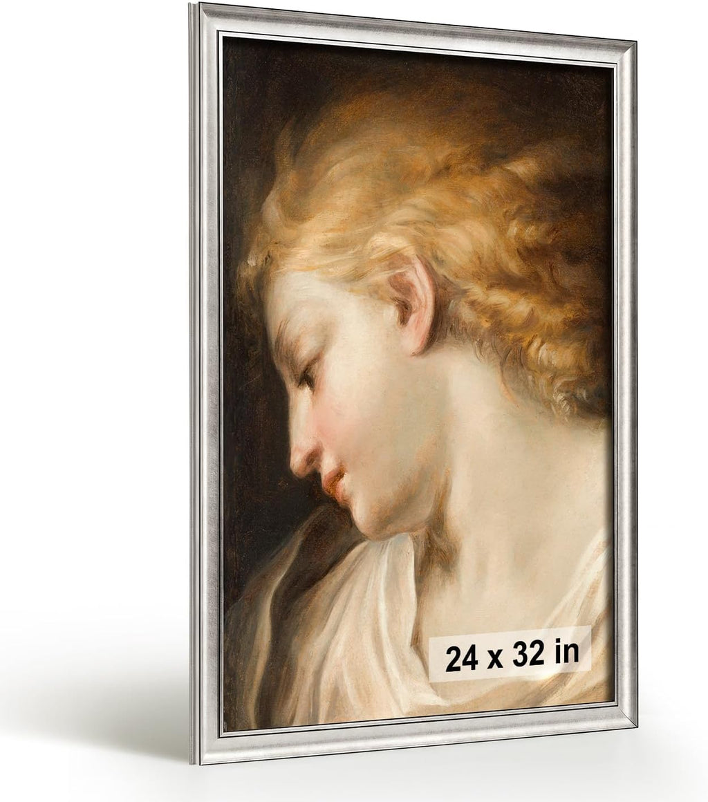 HLiWEGNS Vintage Silver 24x32 Frame – Poster Frame with Brushed Silver Finish – Picture Frame for 24 x 32 Artwork, Canvas Prints, Puzzles, and Wall Decor