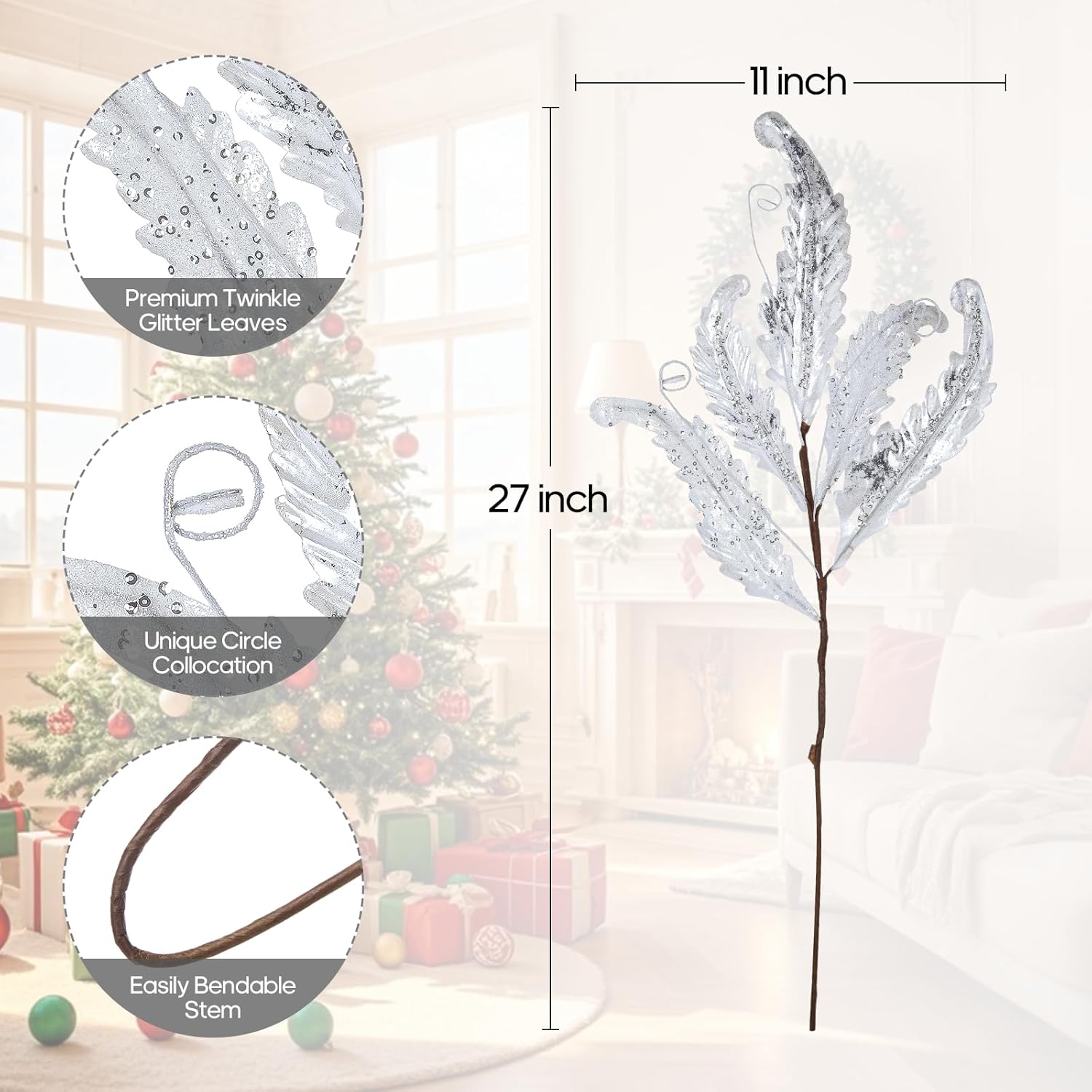 Christmas Artificial Leaves Set of 3 Sparkling 27 Inch Faux Decorative Foliage with Spray Stems Perfect for Holiday Home Decor Festive Party Decorations and Seasonal Celebrations(White)