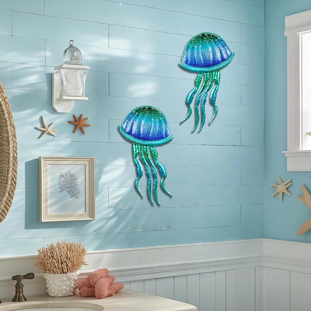LIFFY Metal Jellyfish Wall Decor - Ocean Tropical Fish Wall Art - Glass Metal Fish Wall Decor for Pool, Beach, Bathroom, Living Room, Bedroom - 15inch, 2Pcs