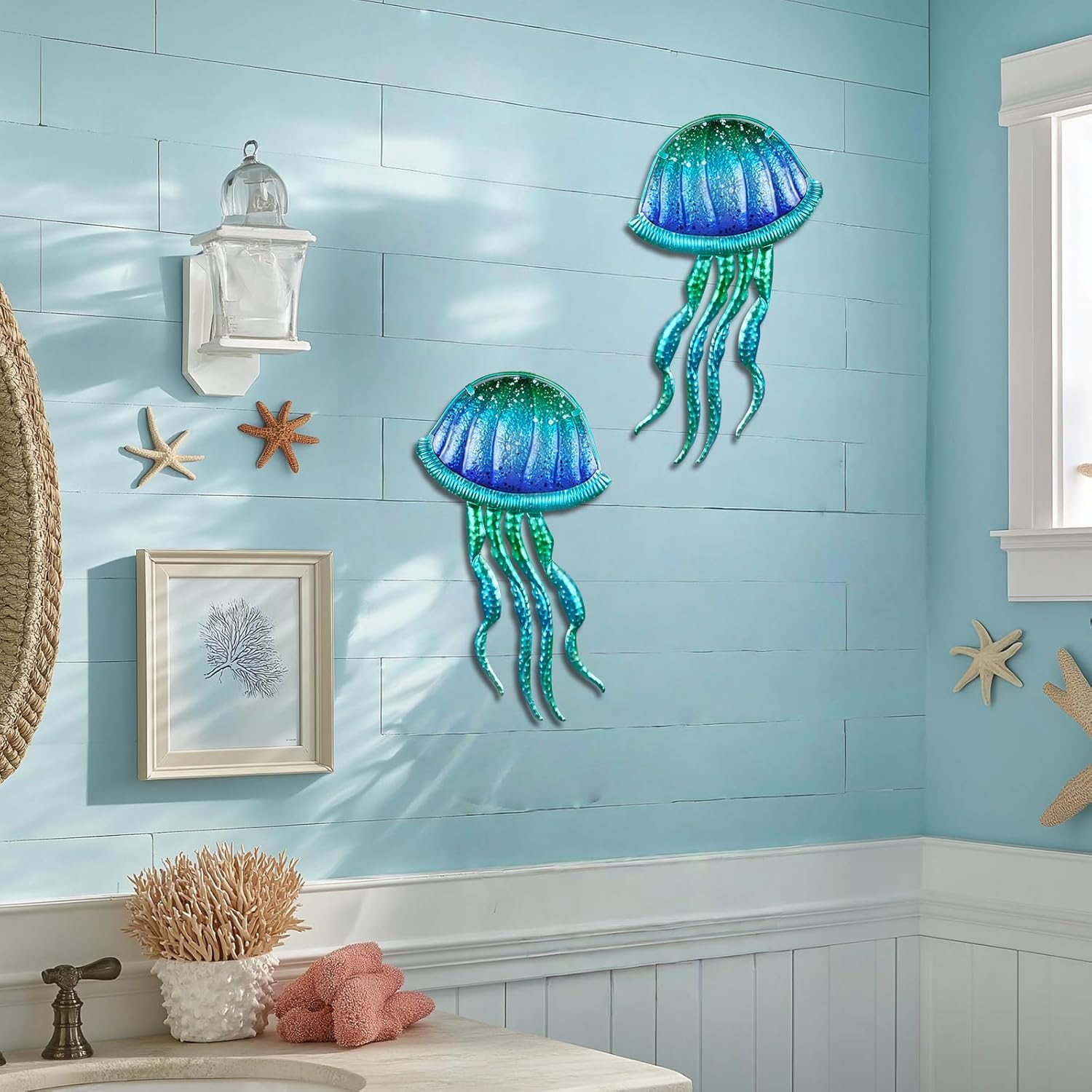 LIFFY Metal Jellyfish Wall Decor - Ocean Tropical Fish Wall Art - Glass Metal Fish Wall Decor for Pool, Beach, Bathroom, Living Room, Bedroom - 15inch, 2Pcs