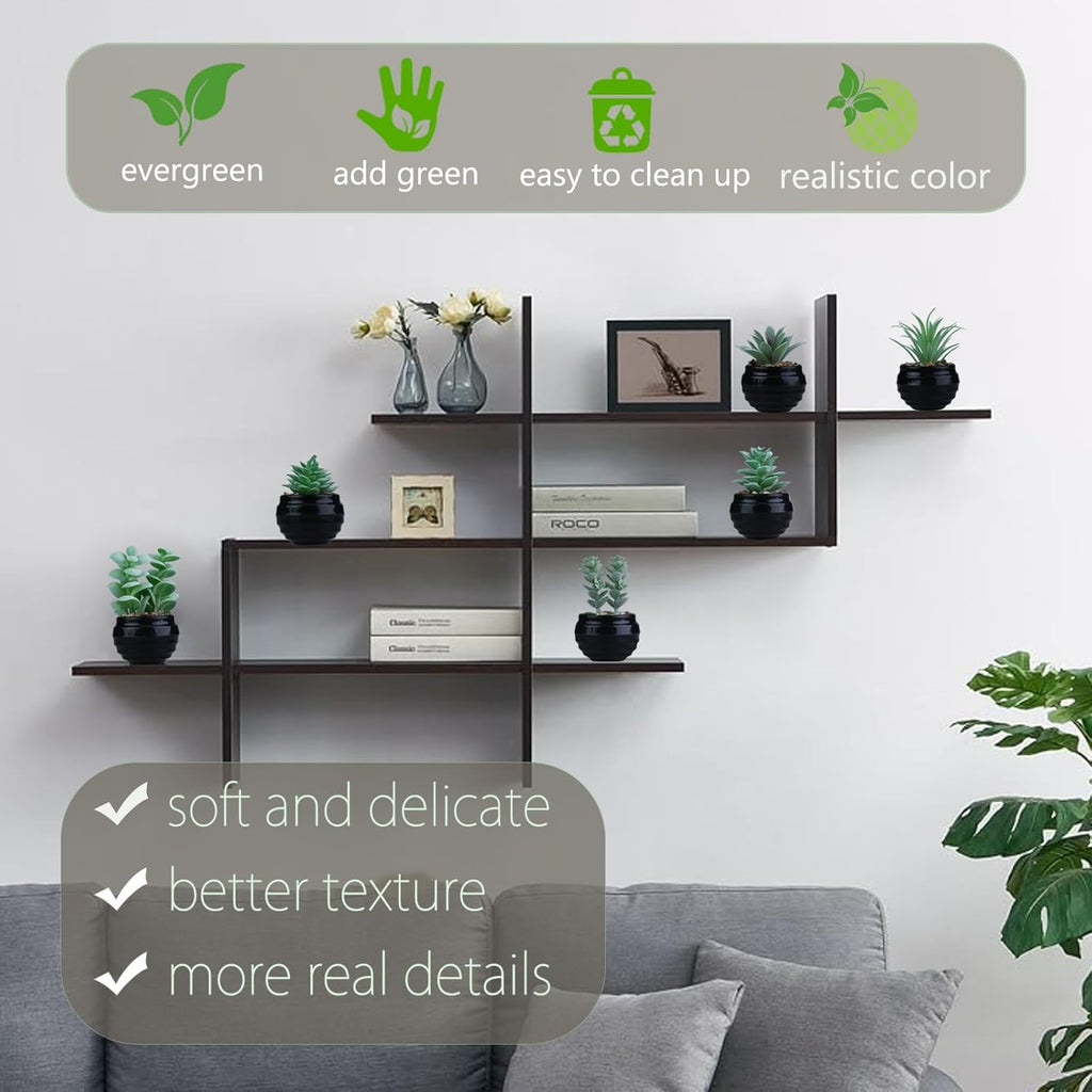 GREENTIME 6 Pcs Green Artificial Succulent Plants in Mini Black Plastic Pots Small Fake Succulent Plant Faux Indoor Decor Bedroom Desk Bathroom Office Living Room Table Shelf Home Decoration