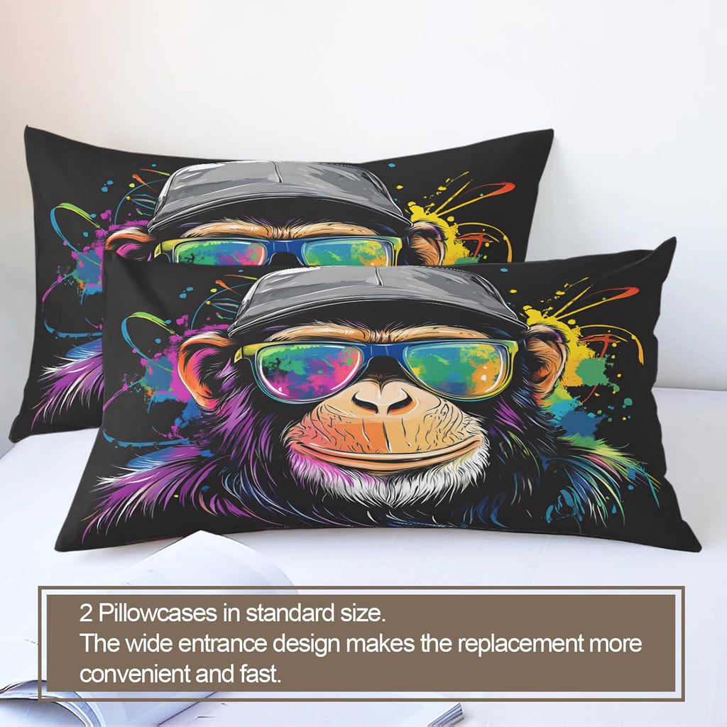 Colorful Monkey Duvet Cover Oversized King, Funny Chimpanzee Bedding Set 3 Piece Bedroom Decor Cool Pop Gorilla Comforter Cover and 2 Pillow Sham with Zipper Closure