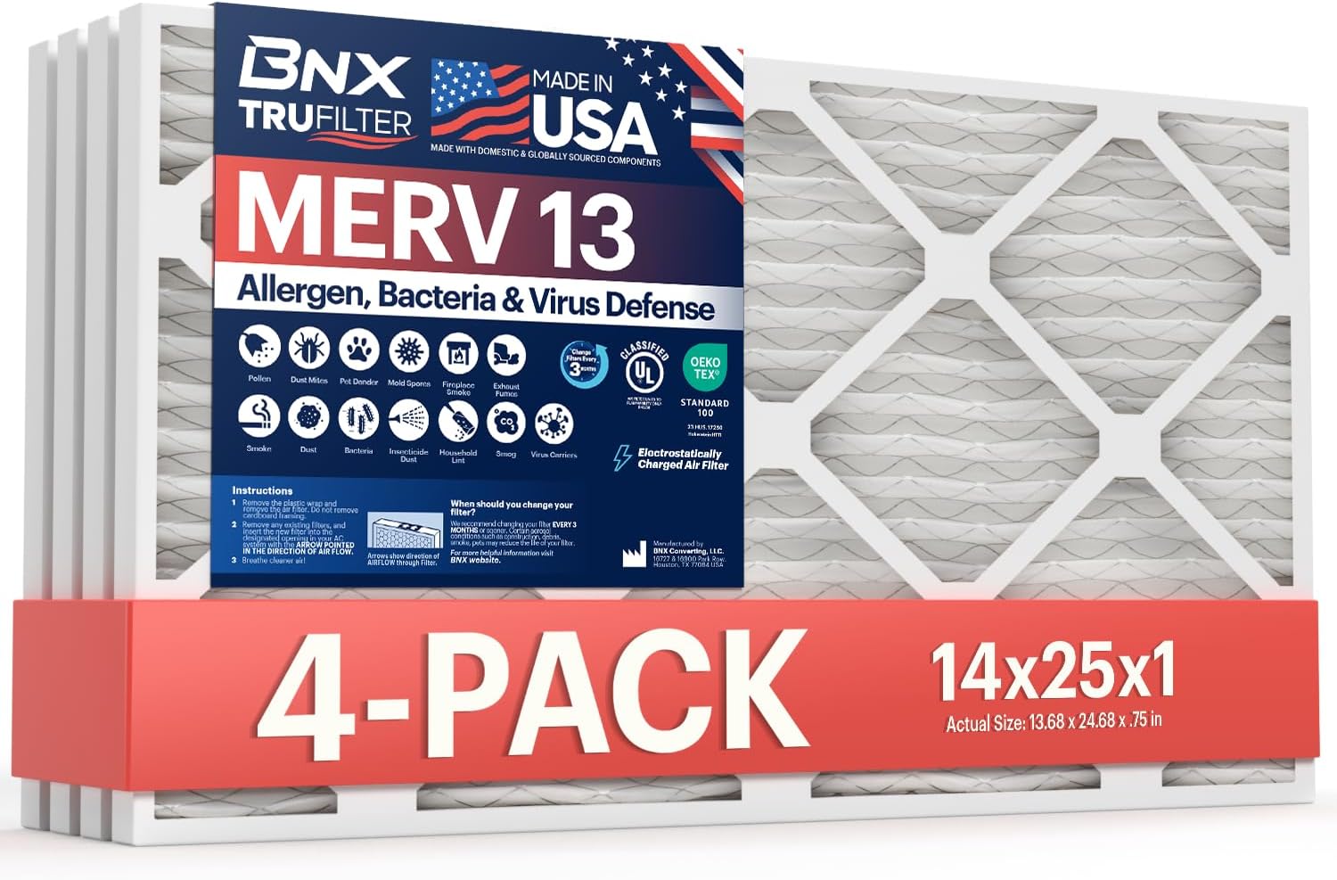 BNX TruFilter 14x25x1 Air Filter MERV 13 (4-Pack) - MADE IN USA - Electrostatic Pleated Air Conditioner HVAC AC Furnace Filters for Allergies, Pollen, Mold, Bacteria, Smoke, Allergen, MPR 1900 FPR 10