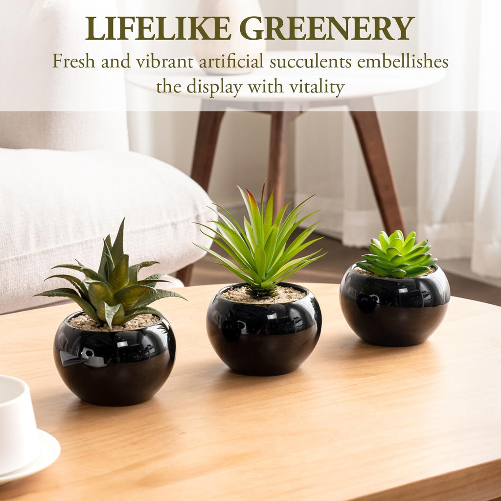MyGift Mini Assorted Artificial Succulents in Round Black Ceramic Pots, Mixed Realistic Indoor House Plants, Set of 3