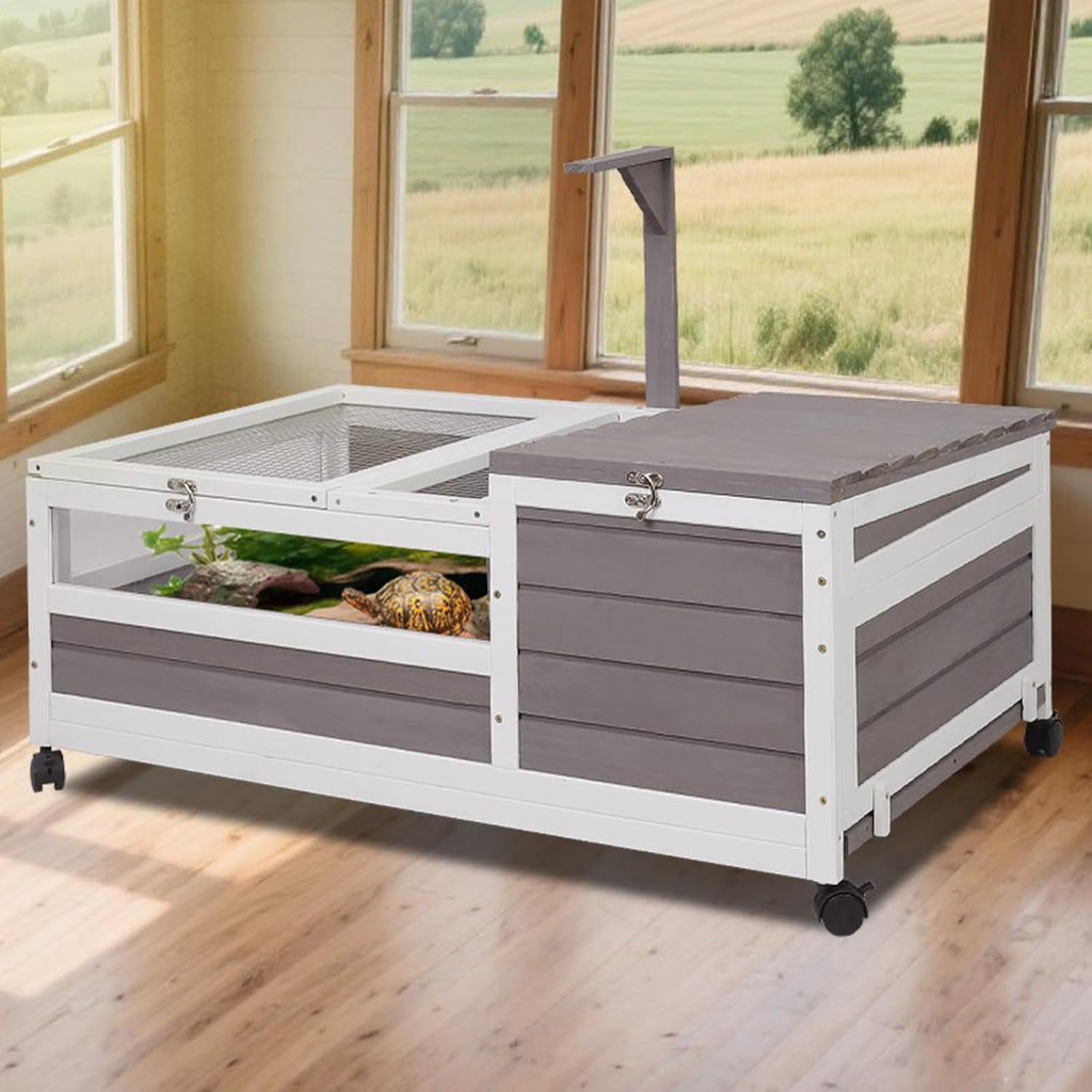 Tortoise Habitat Tank Indoor Outdoor, Wooden Tortoise House with Wheels, 2-Room Reptile Turtle Enclosure Cage for Small Animals, Lamp Holder, Leakproof Tray, Grey