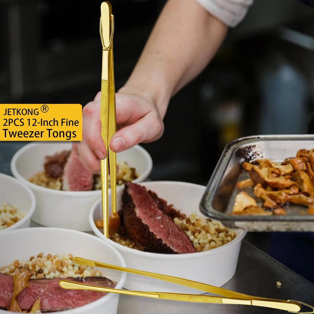 JETKONG 2 Pcs 12-Inch Cooking Tweezers Stainless Steel Food Tweezers Kitchen Tweezer Tongs (Gold)