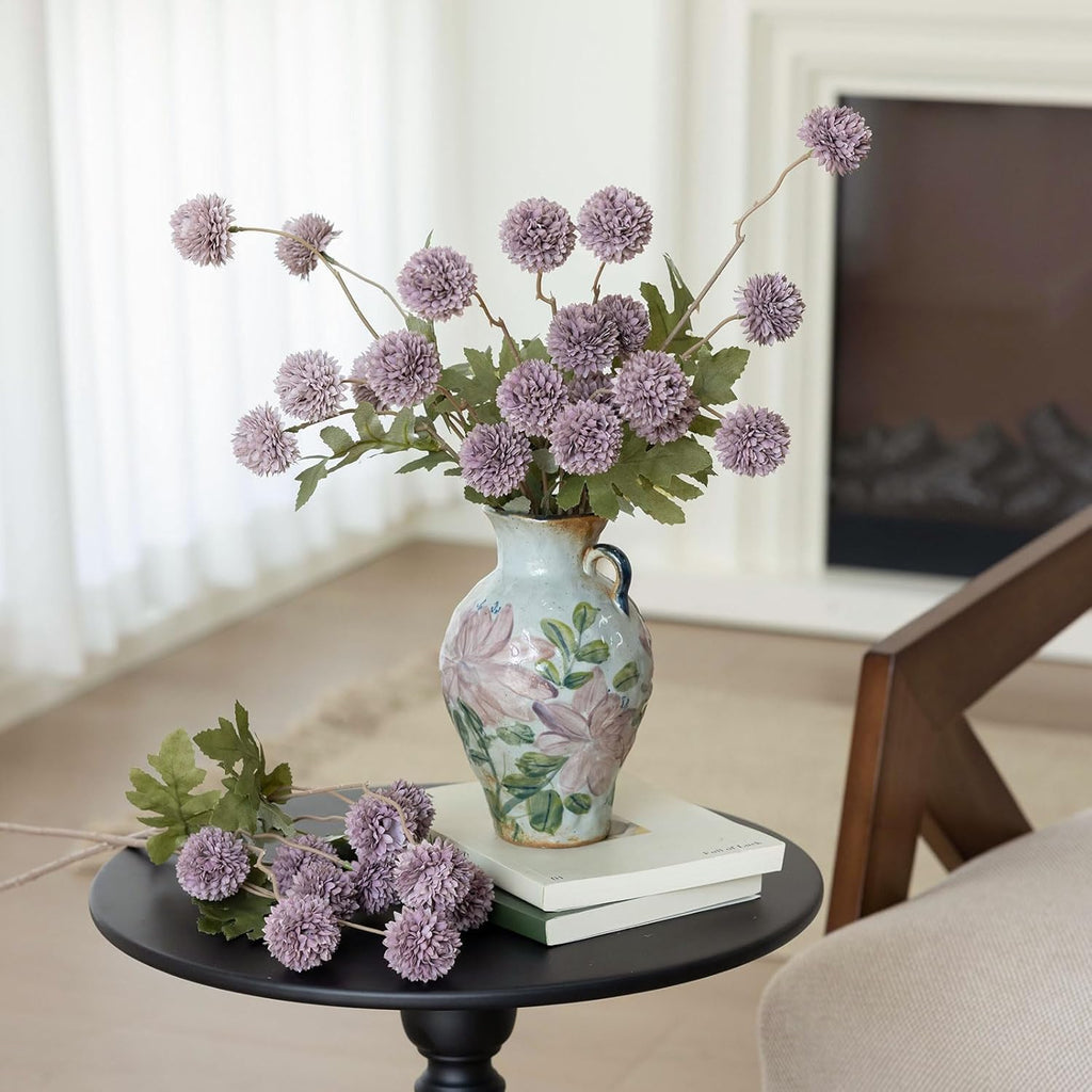 mizii 6Pcs Fake Silk Pompon Mum Artificial Flowers Bulk Small Faux Chrysanthemums with Stems Realistic Floral Decorations for Wedding DIY Bouquet Centerpieces Shower Vase Home Decor (Gray Purple)