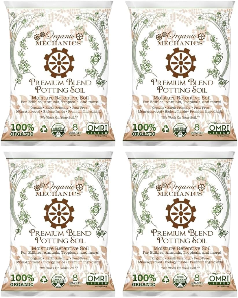 Organic Mechanics Premium Blend Potting Soil, 8 qt (Pack of 4) - Moisture-Retentive, Peat-Free, Compost - Enriched Mix with Worm Castings & Perlite for Houseplants, Annuals, Veggies & Tropical Plants