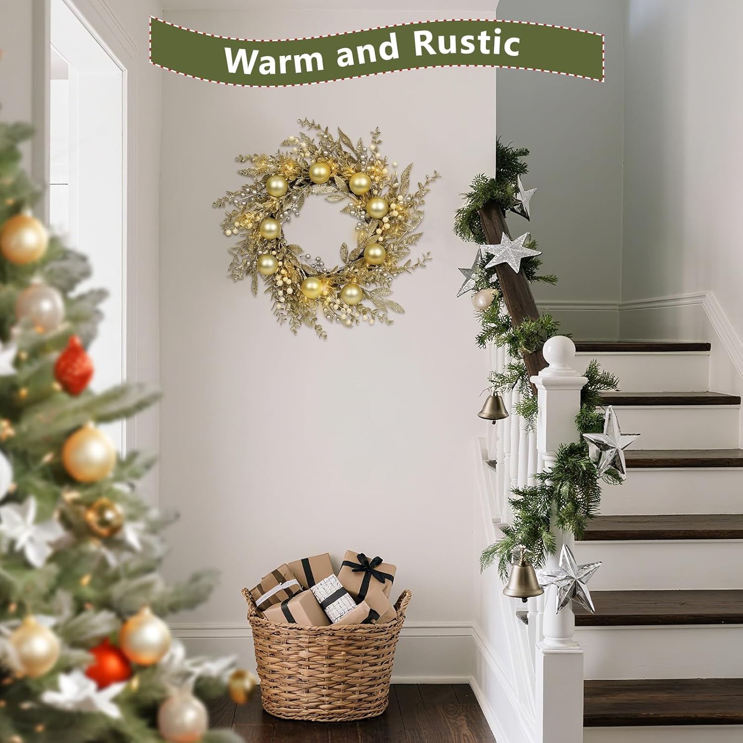 Christmas Wreath Artificial Christmas Wreath with Golden Balls, Off-White Berries and Led Lights Suitable for Decorating Doors, Windows.