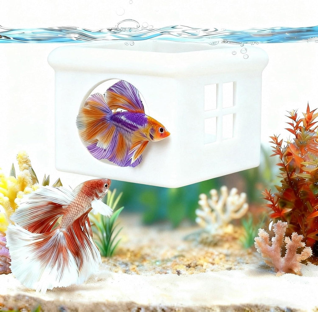 White Floating Betta Hideout with Window – 3D Breeding Box & Shelter Cave – Floating Hammock, Feeding Platform & Aquarium Accessories for Guppies, Nano & Small Tanks