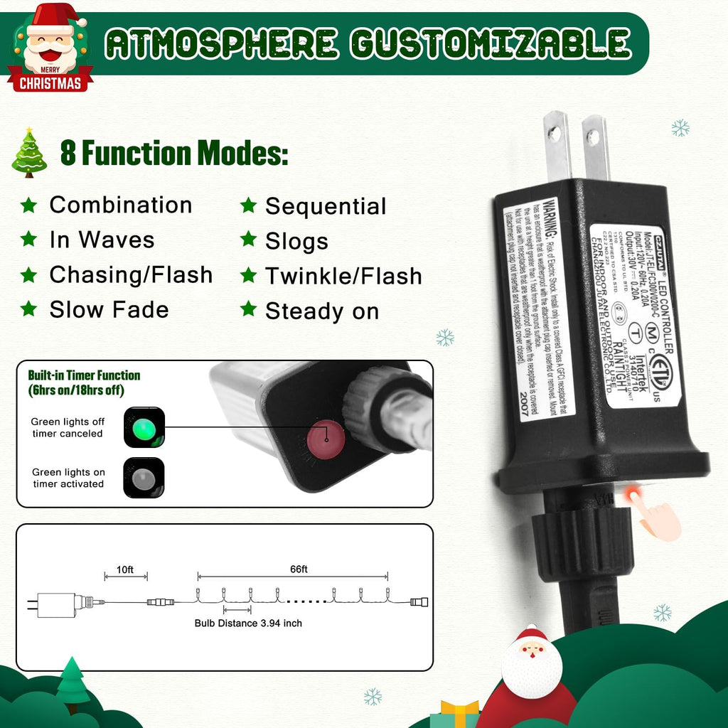 JMEXSUSS 200 LED Christmas Lights Outdoor, 66ft Connectable Green String Lights Plug in, 8 Modes Waterproof Green Christmas Lights for Outside Indoor Yard St Patrick's Day Tree Halloween Xmas Decor