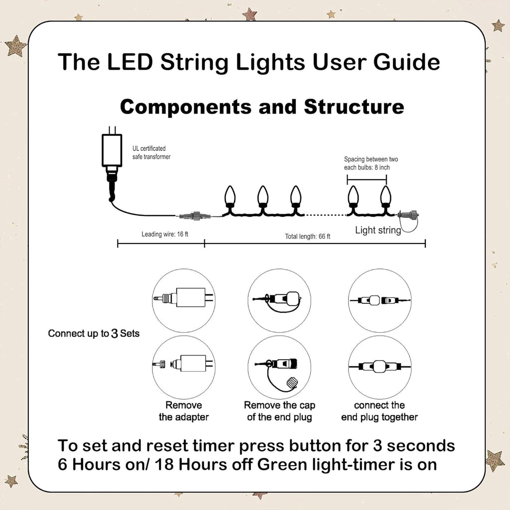 Dazzle Bright C9 Christmas String Lights, 100 LED 66 FT Waterproof Connectable Fairy Lights with 100 Spring Clips Timer, Christmas Decoration for Outdoor Roofline Home Garden Yard Tree, Warm White