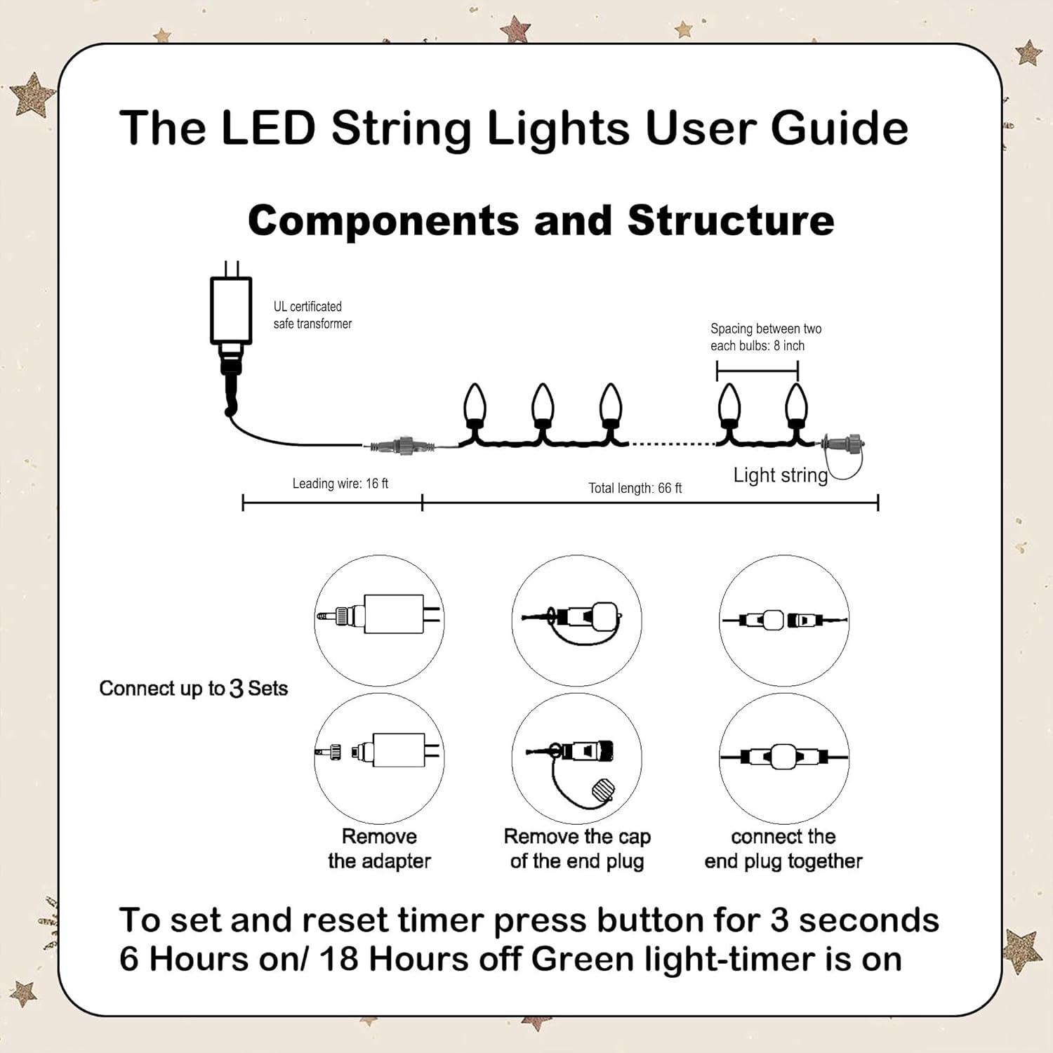 Dazzle Bright C9 Christmas String Lights, 100 LED 66 FT Waterproof Connectable Fairy Lights with 100 Spring Clips Timer, Christmas Decoration for Outdoor Roofline Home Garden Yard Tree, Warm White