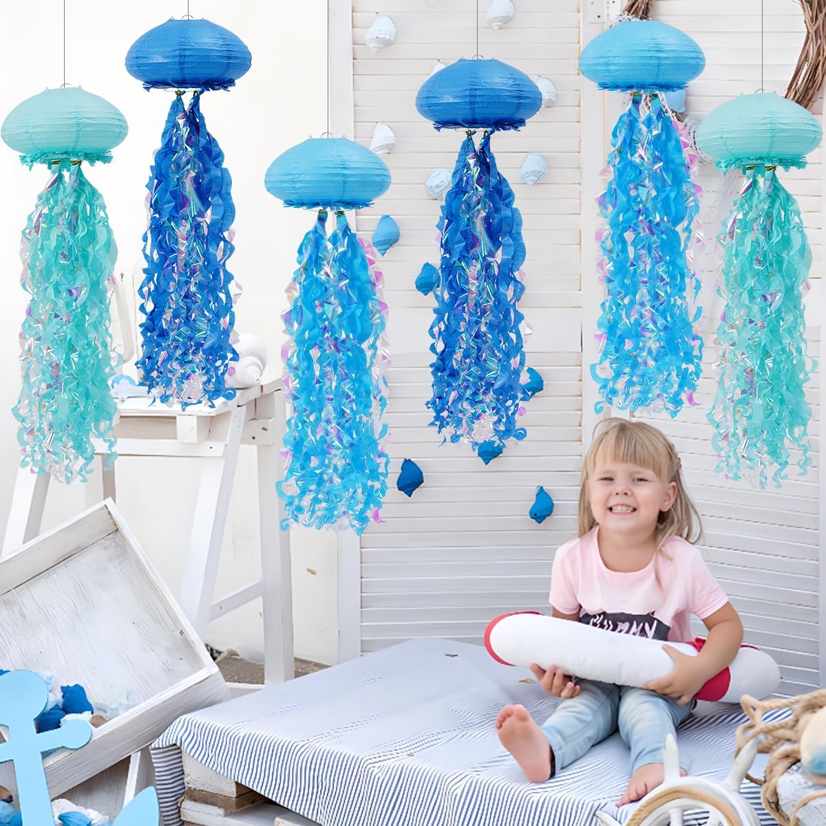 Mermaid Birthday Decorations, Jellyfish Paper Lanterns for Mermaid Party Under The Sea Baby Shower Ocean Blue Birthday Party Decorations Pack of 6 Blue