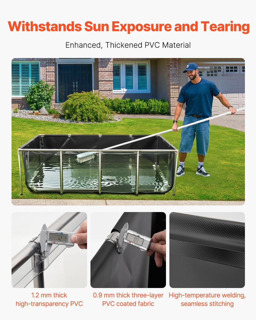VEVOR Canvas Fish Pond, 470 Gal Above Ground Fish Pond, PVC Koi Tank with Clear Viewing Panel, Rectangular Goldfish Tank with Stainless Steel Frame & Drain Valve, for Breeding Koi, Irrigation(Black)