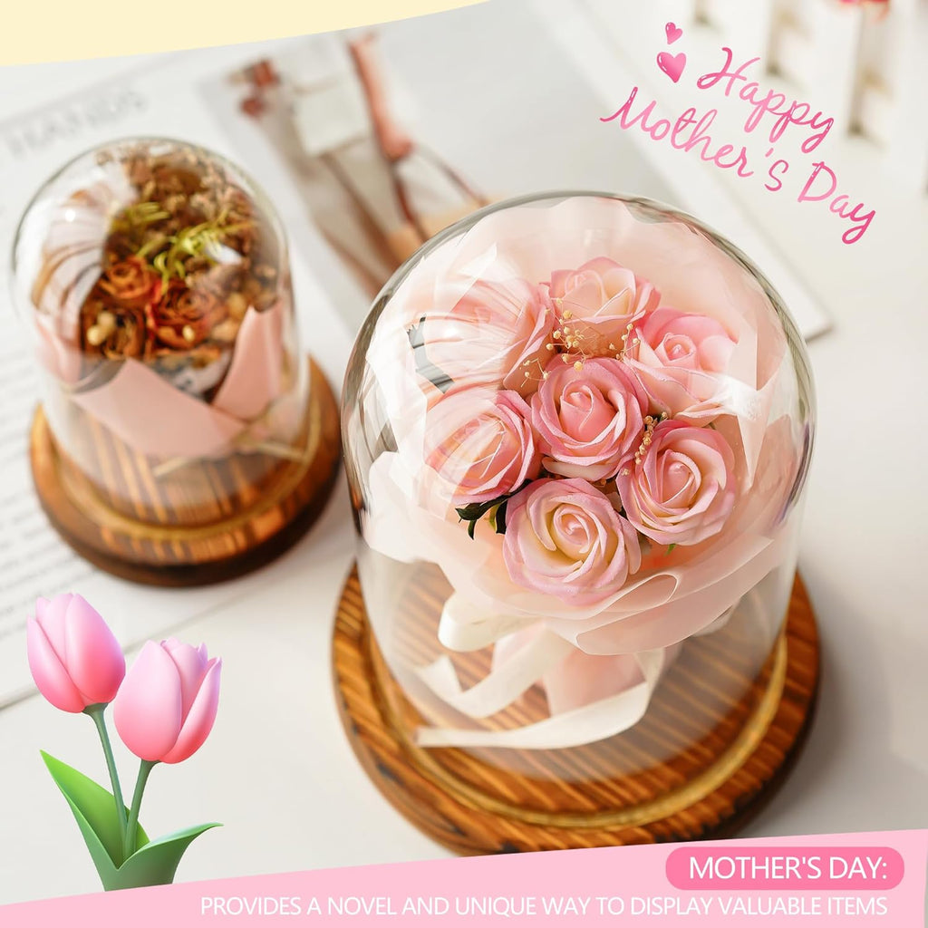 ZEERSHEE 2pcs Glass Display Dome Cloche with Wooden Base for Home Wedding Party Decor (3.9 x 5.1in/5.7 x 6.9in)
