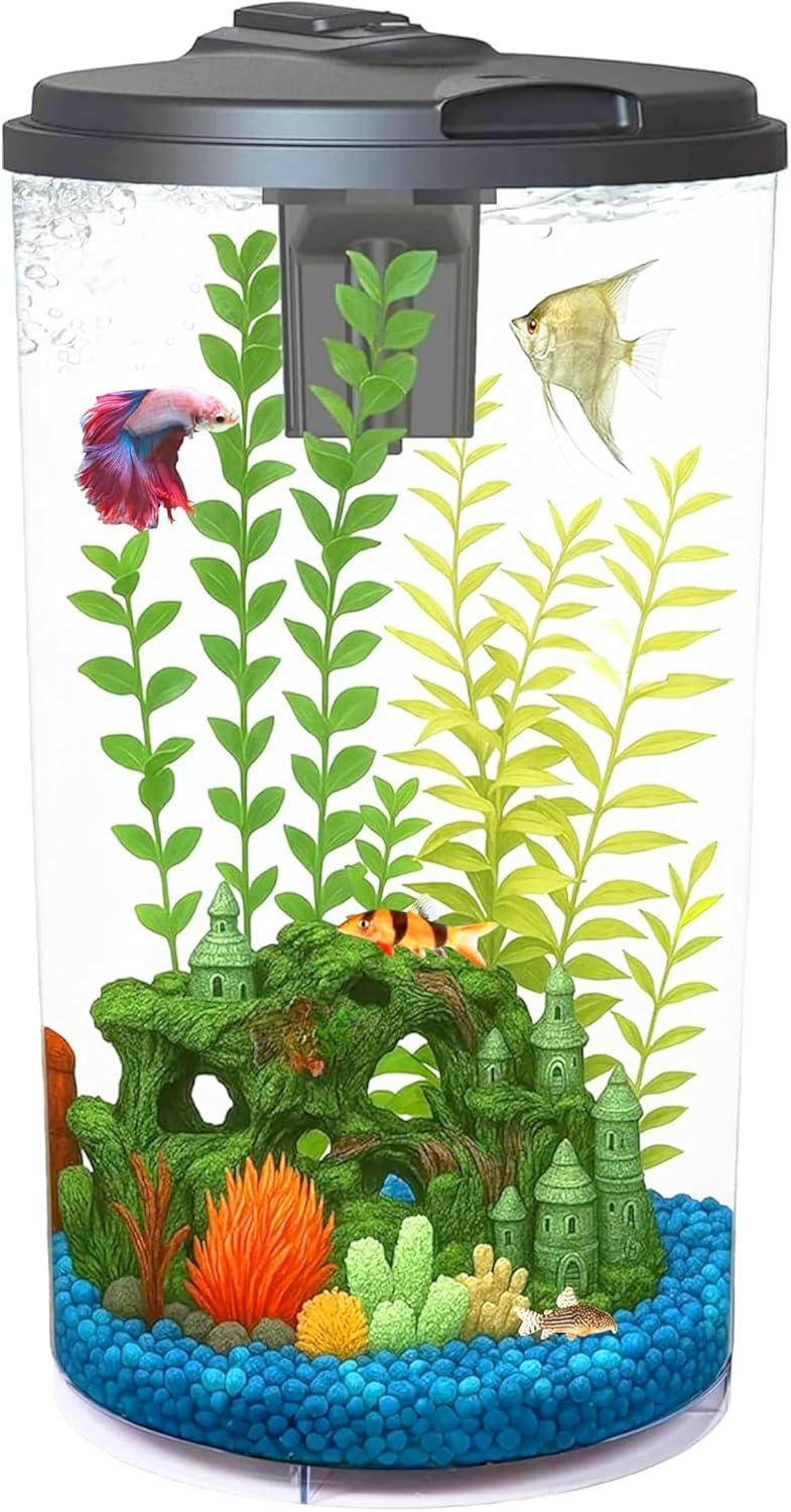 Koller Products Plastic 6-Gallon AquaView 360 Aquarium Kit for Tropical Fish, Betta Fish with LED Lighting and Power Filter Clear, 4-Piece Set