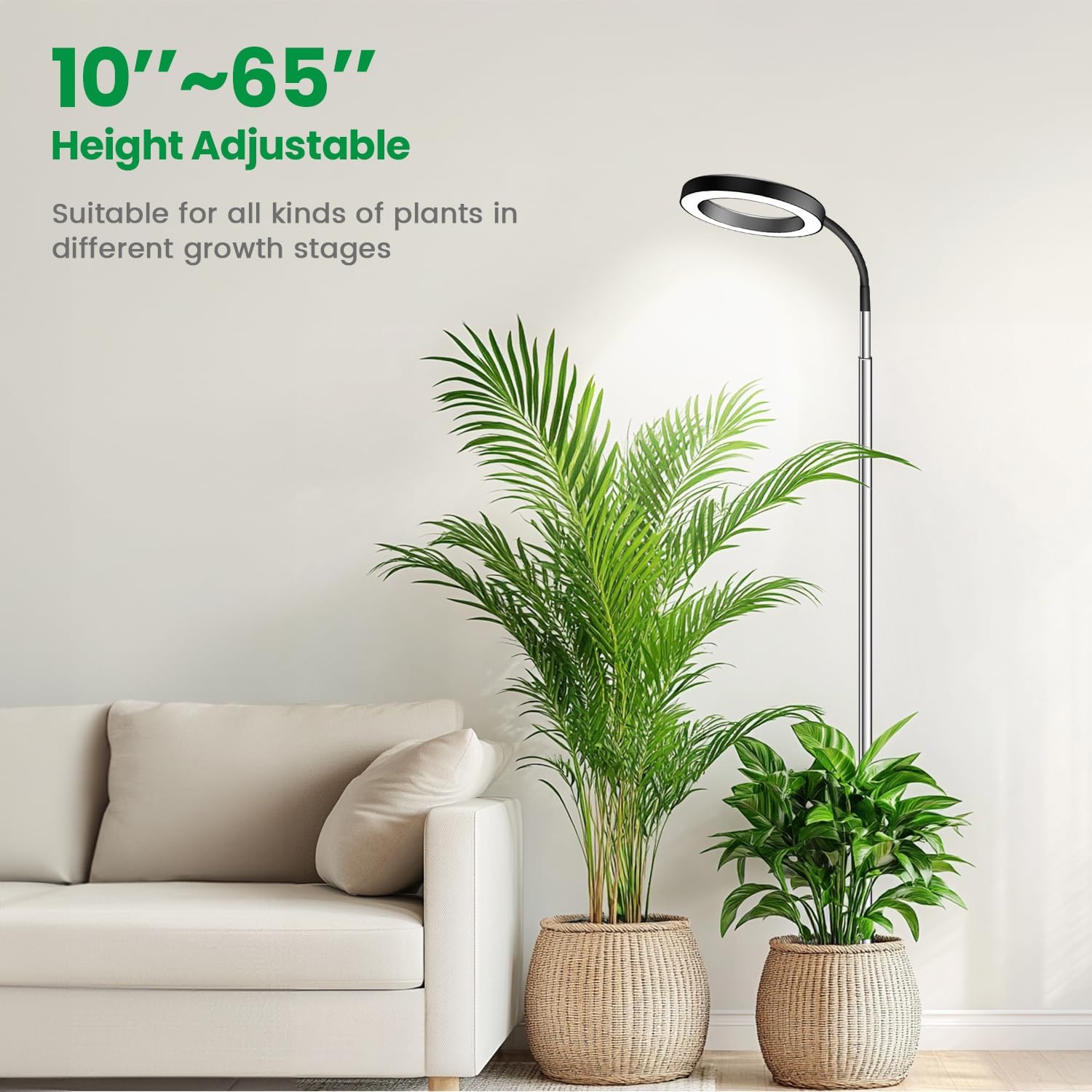 Garpsen Grow Light, Full Spectrum Plant Lights for Indoor Growing with Gooseneck (No Base), 3 Colors Modes and 5 Dimmable Levels, 6/12/16H Timer, 65'' Height Grow Lamp for Large Plants-[2Pack]