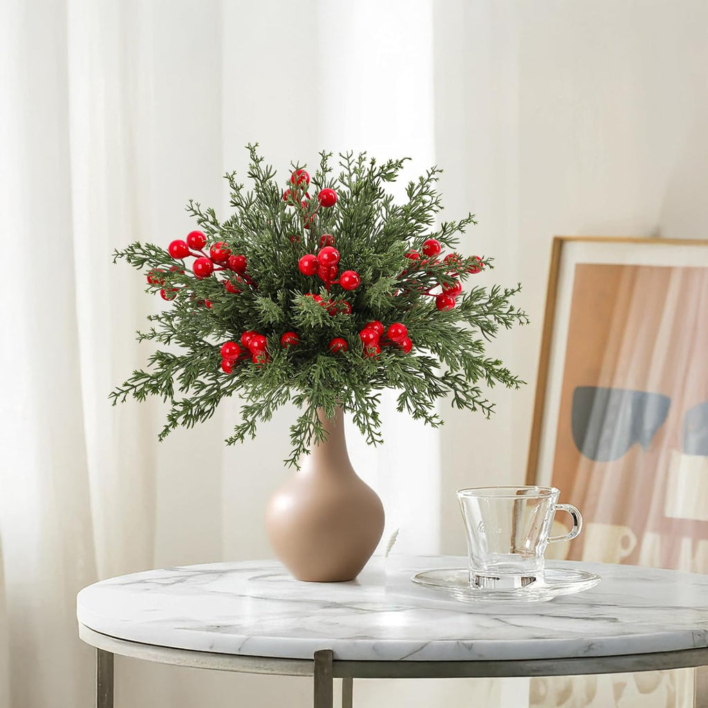 Dapclca 50 Pcs Christmas Artificial Pine Branches with Red Berry Stems, 10.5" Faux Evergreen Norfolk Pine Cypress Leaves Stems- Fake Foliage Pine Needles Picks for DIY Craft Garland Home Décor