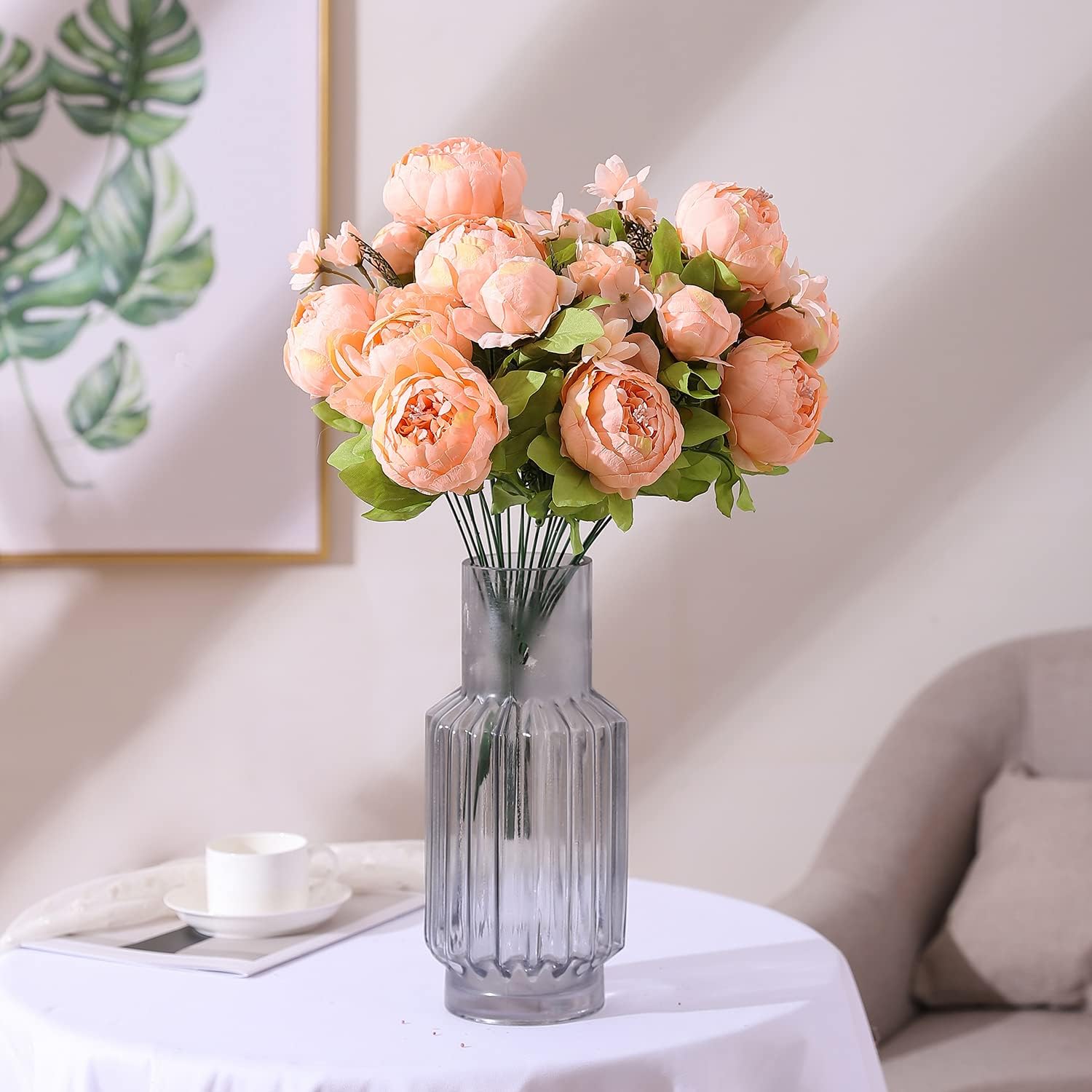 Duovlo Springs Flowers Artificial Silk Peony Bouquets Wedding Home Decoration,Pack of 1 (Spring Orange-Pink)