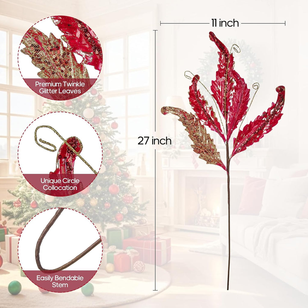Christmas Artificial Leaves Set of 3 Sparkling 27 Inch Faux Decorative Foliage with Spray Stems Perfect for Holiday Home Decor Festive Party Decorations and Seasonal Celebrations (RedGold)