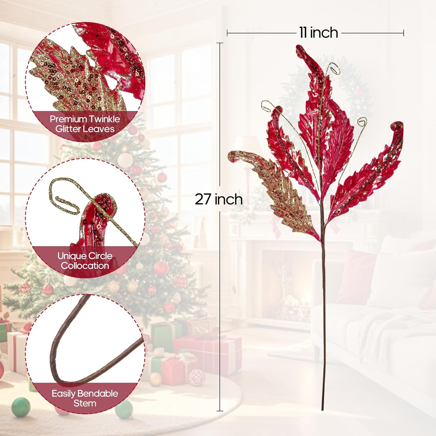 Christmas Artificial Leaves Set of 3 Sparkling 27 Inch Faux Decorative Foliage with Spray Stems Perfect for Holiday Home Decor Festive Party Decorations and Seasonal Celebrations (RedGold)