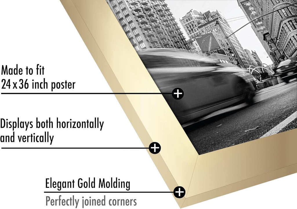 Americanflat 24x36 Poster Frame with Polished Plexiglass - Gold Picture Frame - Wide Photo Frames Made of Engineered Wood for Vertical or Horizontal Wall Display - Epic Collection - Gold
