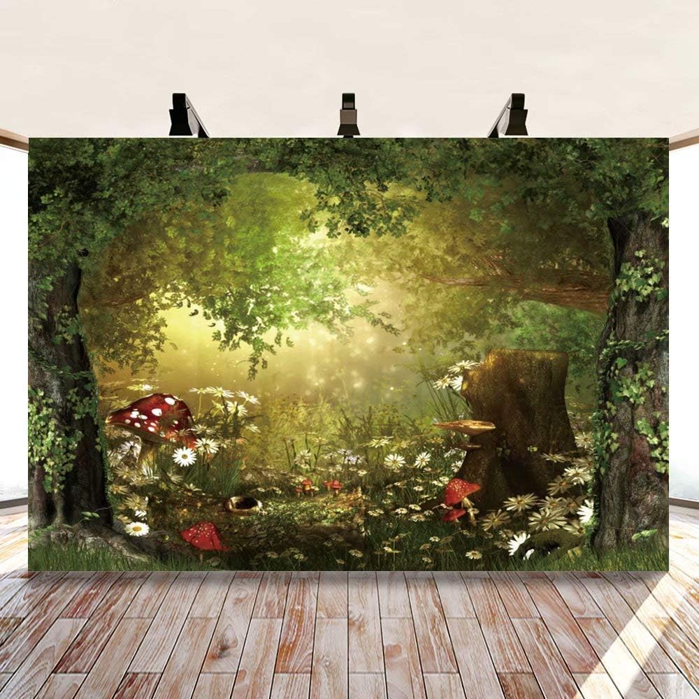 Fairy Tale Forest Wonderland Backdrops for Photography Vinyl 5x3ft Green Trees Wildflowers Daisy Mushroom Scenery Photo Background Portrait Kid Boy Girl Photoshoot Studio Prop Party Decor