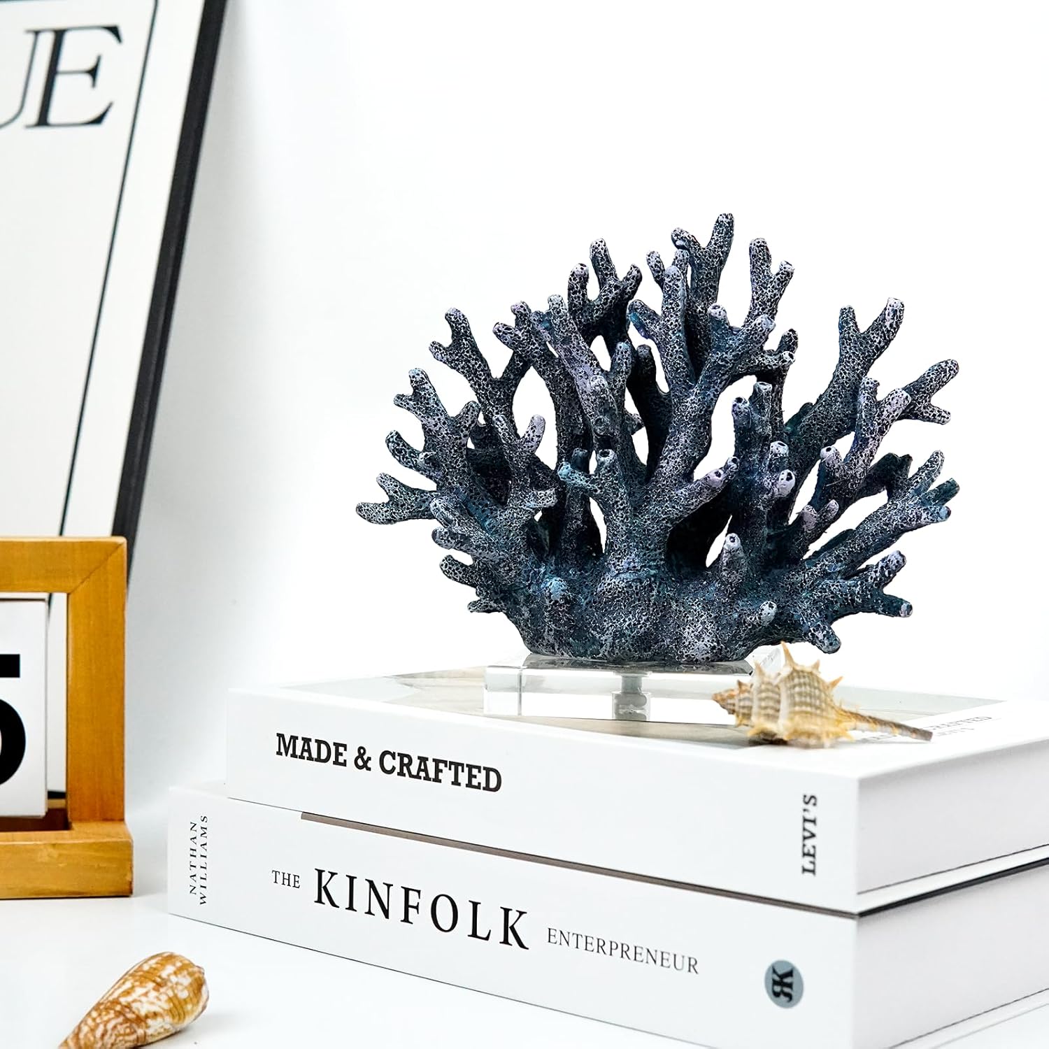 Coral Reef Beach Decor,6.3'' High x 7.5'' Width Artificial Resin Coral Reef Statue for Ocean Coastal Beach Nautical Themed Room Bathroom Decor for Home,RB1001B,Blue