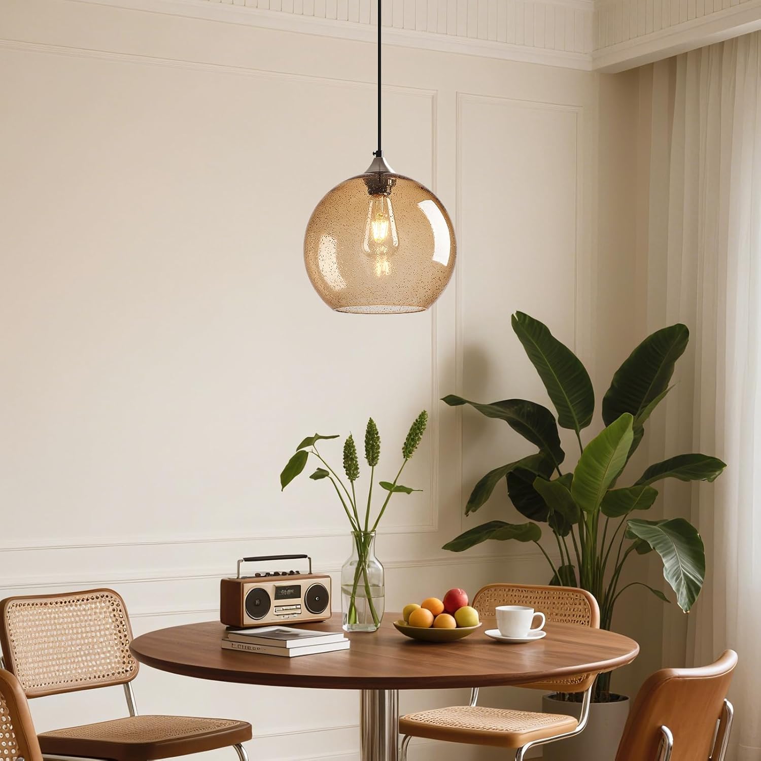 Light Brown Glass Pendant Lights Kitchen Island Globe Pendant Light Fixtures Modern Pendant Lighting for Bedroom Living Dining Room Light Fixture (9.84 in, 1 Pack)