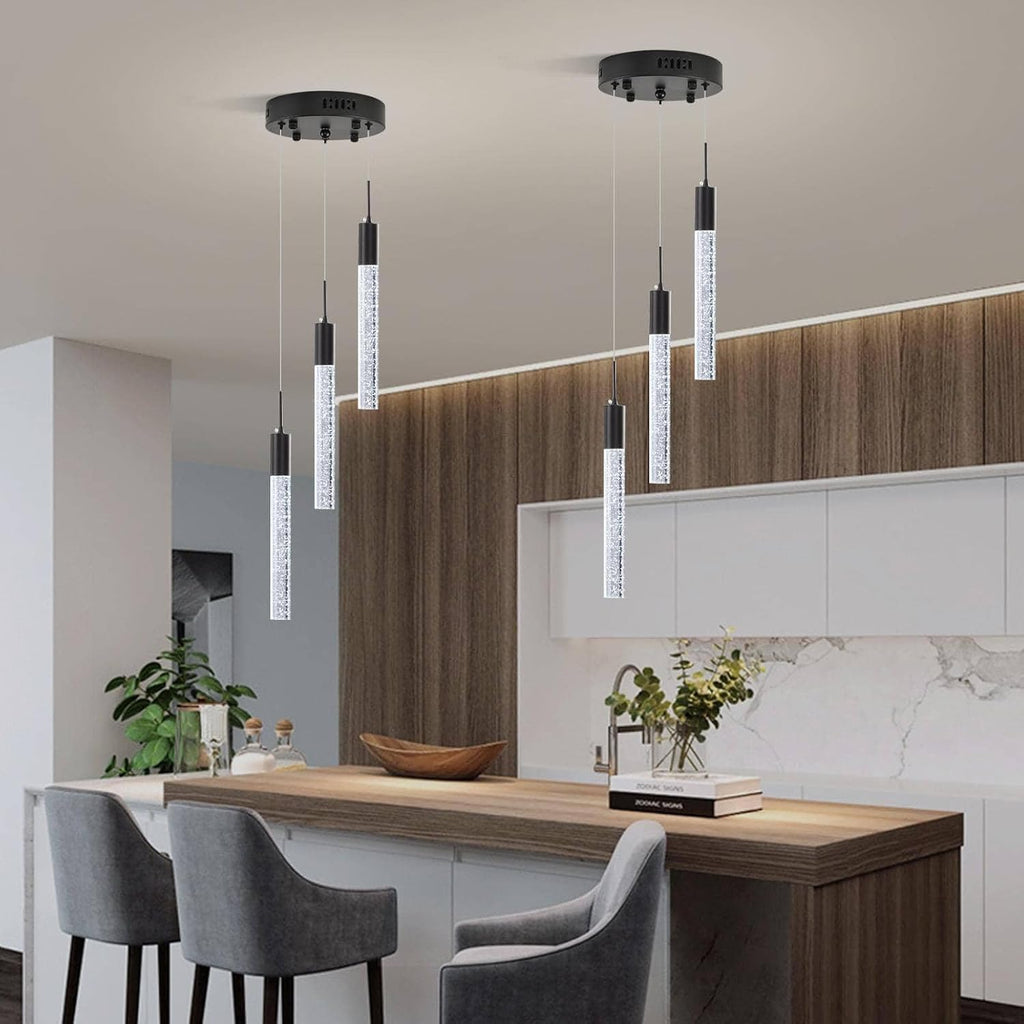 Modern Crystal Chandelier 3-Lights, Spiral LED Raindrop Kitchen Island Pendant Lighting, Bubble Foyer Dinimg Room Hanging Light Fixture Remote Control Black
