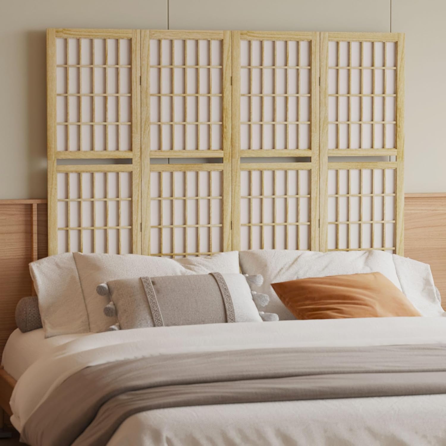 Room Divider with Shelves, 66.9-Inch Tall Japanese Shoji Style Wood Screen with Double Hinges for Home Office Bedroom Hotel Decoration (4 Panels, Natural)