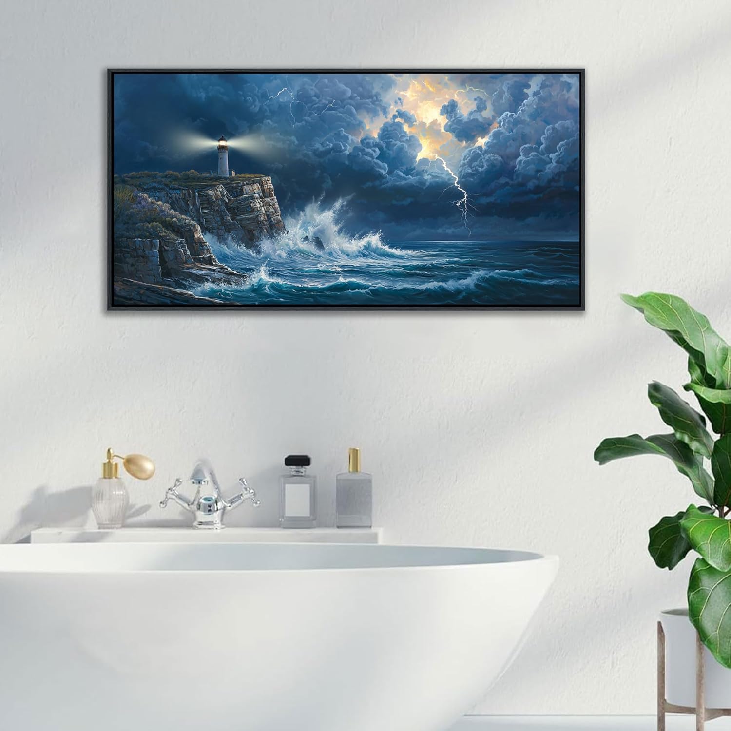 Coastal Wall Art Framed Ocean Canvas Painting Navy Blue Picture, Lighthouse Artwork for Dining Room,Living Room,Bedroom Decoration Can be Hung Directly Size 20x40 Inches