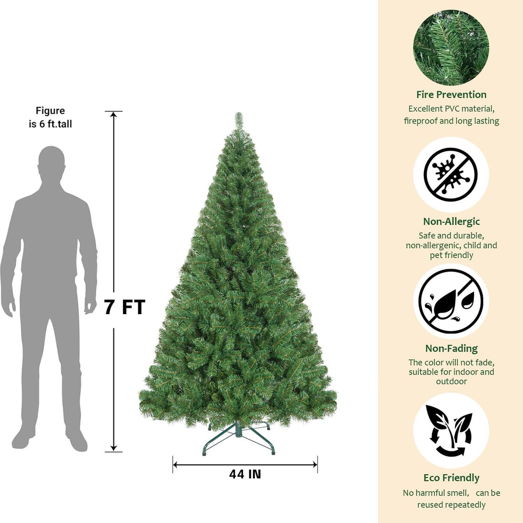 7FT Artificial Christmas Tree, Full Unlit Green Christmas Tree with Premium PVC Branches, Realistic Look, Sturdy Metal Stand, Indoor Fake Xmas Tree for Home Office Shops