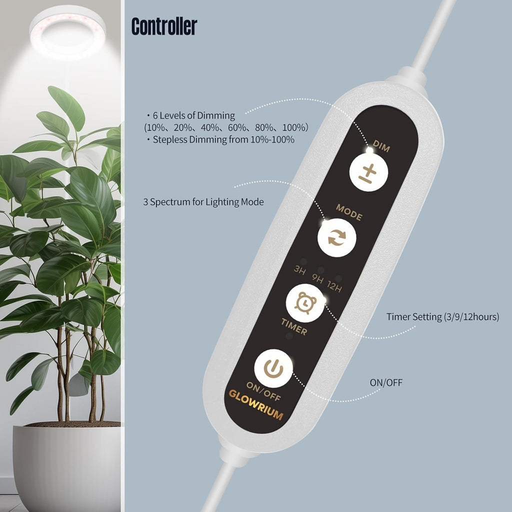 GLOWRIUM Grow Lights for Indoor Plants, 36W Full Spectrum 2-Head LED Plant Light with Stand, Adjustable Height, 3/9/12H Timer, 6 Dimmable Levels & 3 Lighting Modes (White-Double Head)
