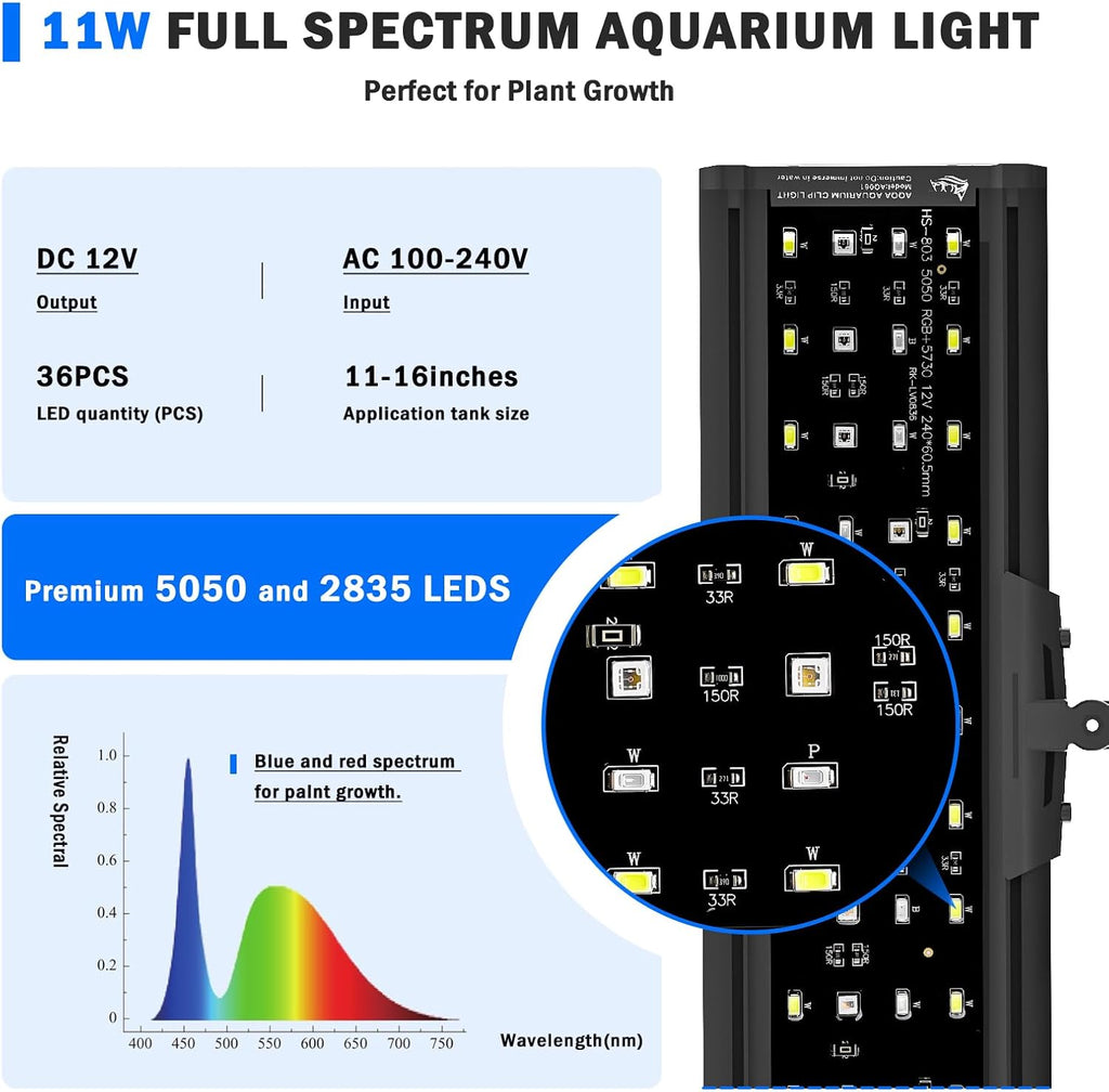 AQQA LED Aquarium Light, 24/7 Mode Clip on Fish Tank Light with Memory Function, DIY Mode Full Spectrum Aquarium Plant Light, Adjustable Timer/Brightness, IP68 Waterproof for 11-16 Inch Fish Tank 11W