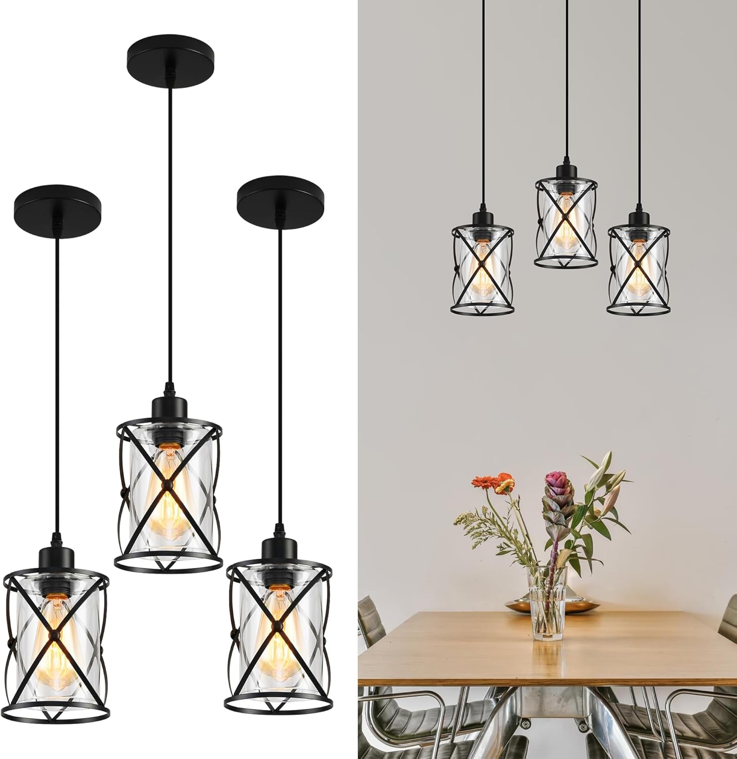 Farmhouse Pendant Light 3-Pack, Single Industrial Hanging Light Fixture with Clear Glass Shade, Adjustable Height Matte Black Vintage Ceiling Lamp for Kitchen Island & Dining Room, E26 Base