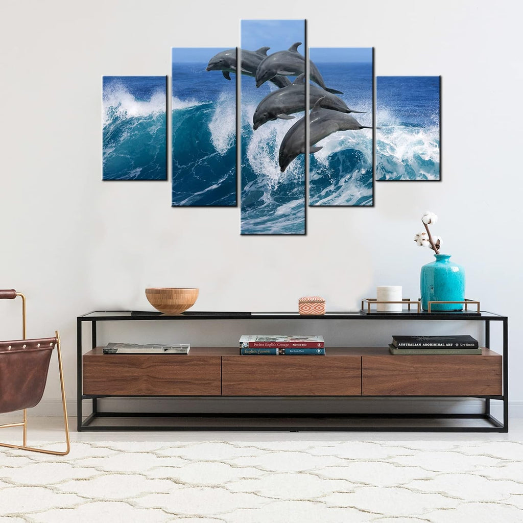 Jumping Dolphins Paintings Multi Panel Canvas Wall Art Hawaii Pacific Ocean Wildlife Pictures for Living Room HD Prints Sealife Artwork House Decor Giclee Framed Stretched Ready to Hang(60''Wx40''H)