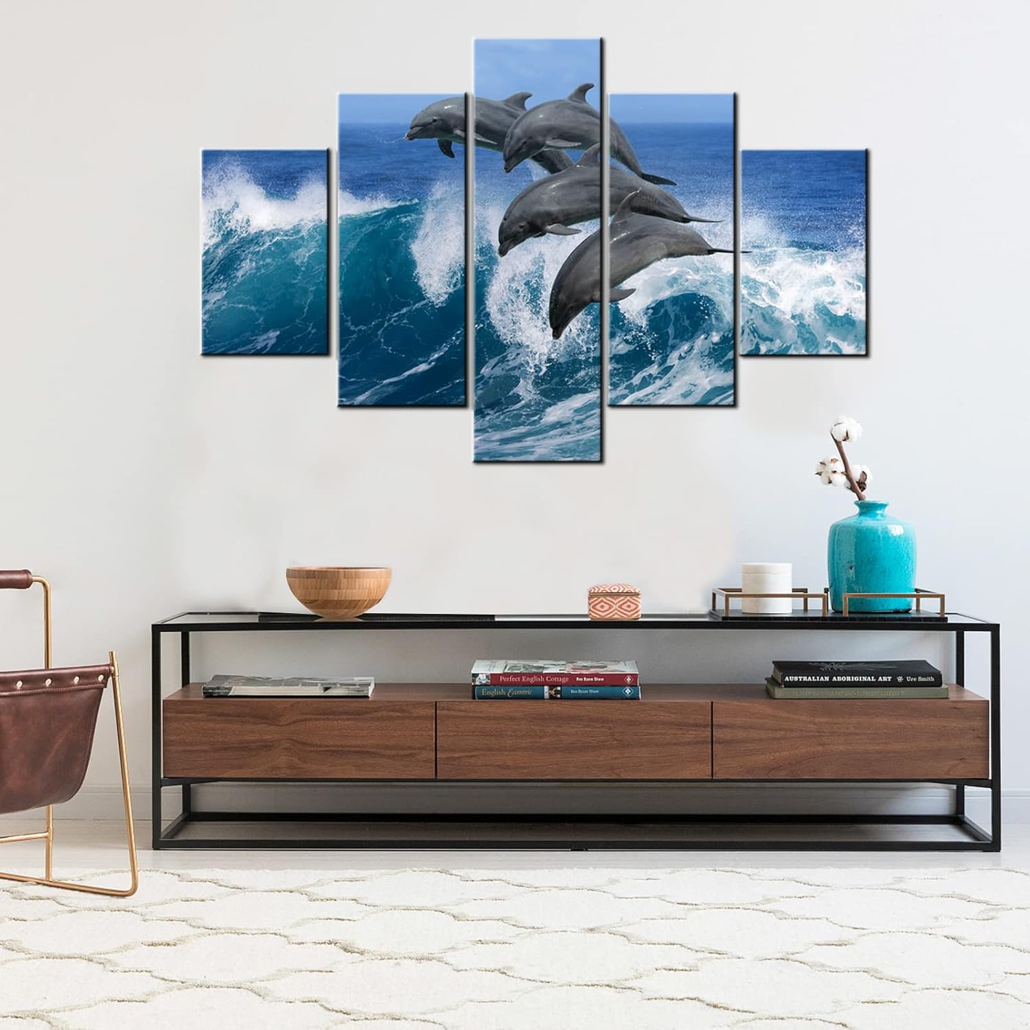 Jumping Dolphins Paintings Multi Panel Canvas Wall Art Hawaii Pacific Ocean Wildlife Pictures for Living Room HD Prints Sealife Artwork House Decor Giclee Framed Stretched Ready to Hang(60''Wx40''H)