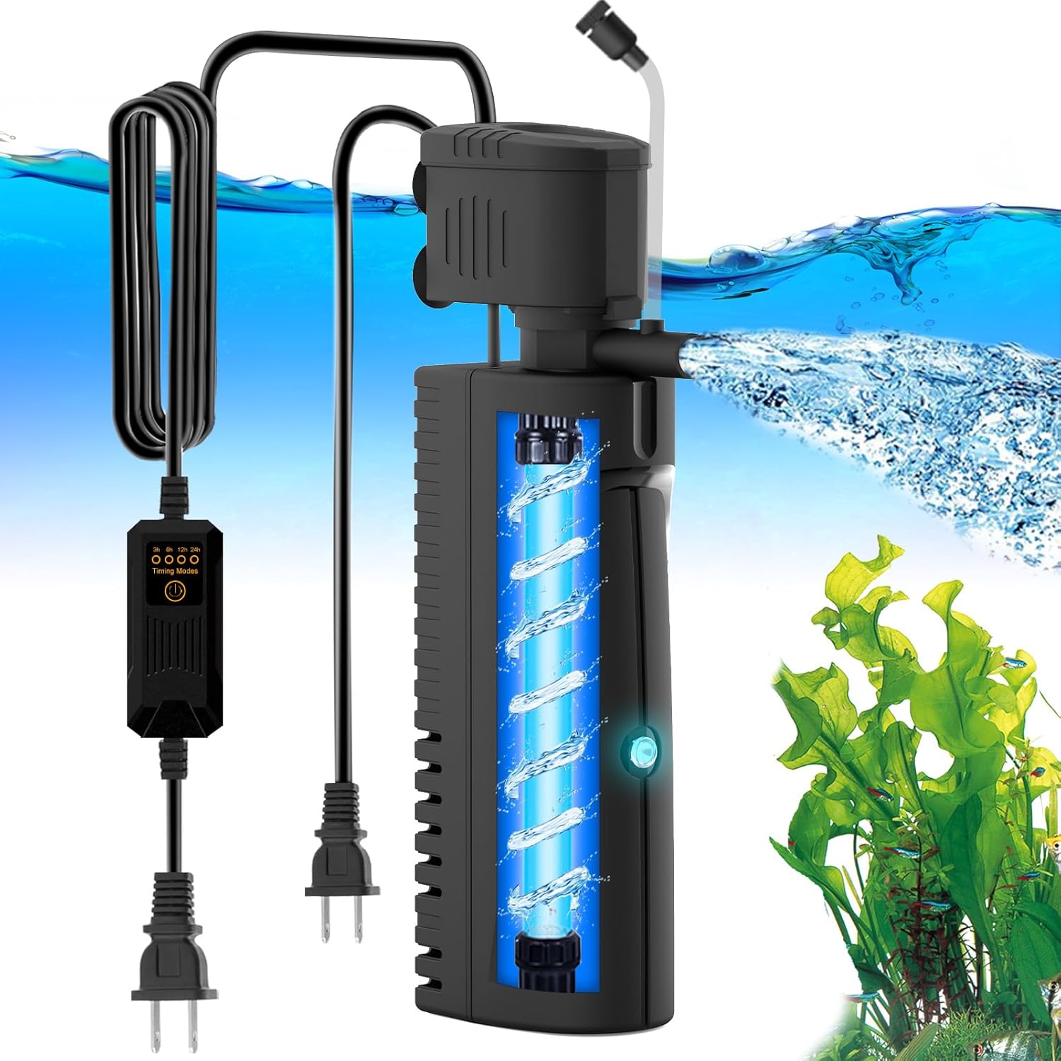 AquaMiracle Aquarium Filter with U - V Light & Pre-Filter Sponge, Fish Tank Filter with Timer for Green Water, Green Clean Machine Turtle Filter with Aeration for Aquarium and Pond 60-120 Gallon