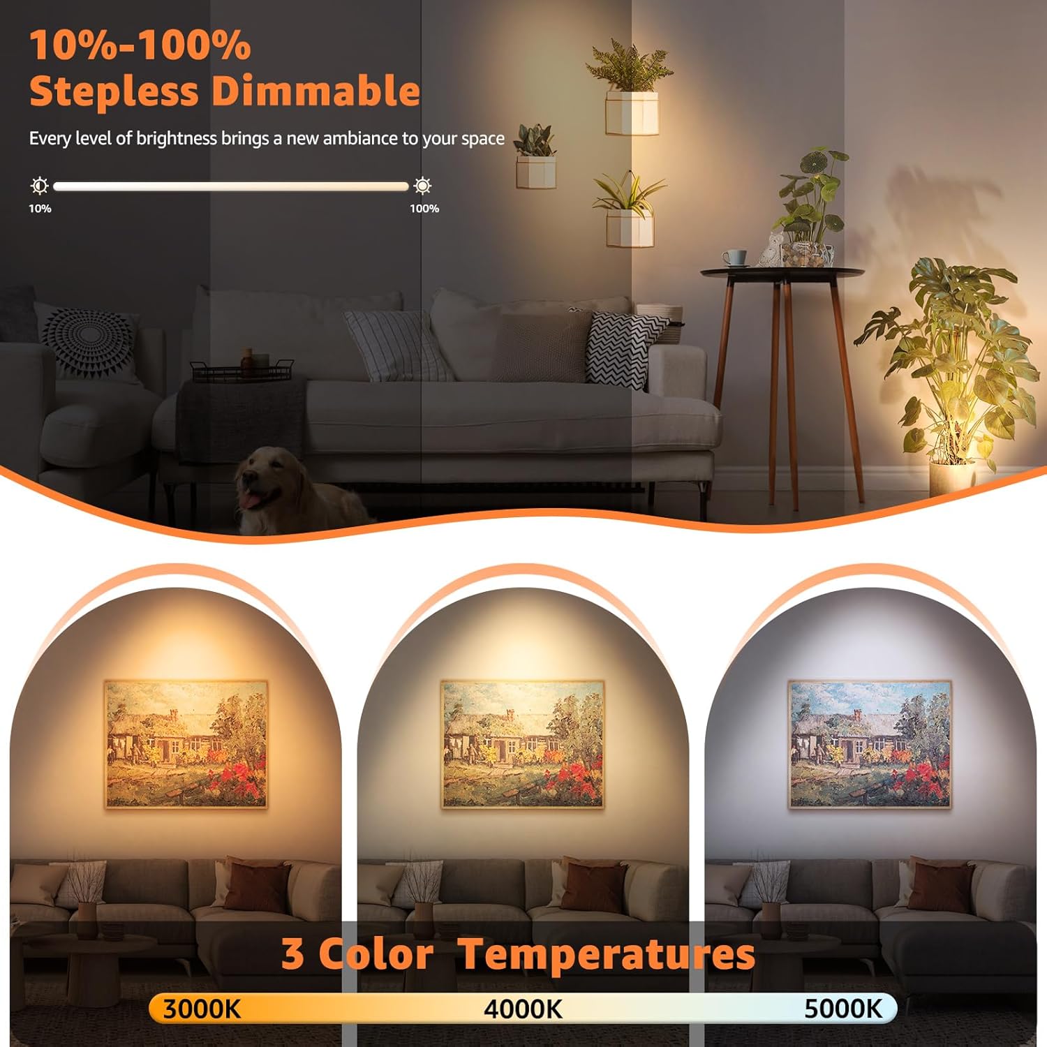 Wireless LED Spotlight Indoor 3350mAh Rechargeable Battery Operated Spotlights Indoor with Remote 3000K/4000K/5000K Uplighting Indoor Dimmable Spot Lights Indoor for Plant Picture Wall, 1 Pack