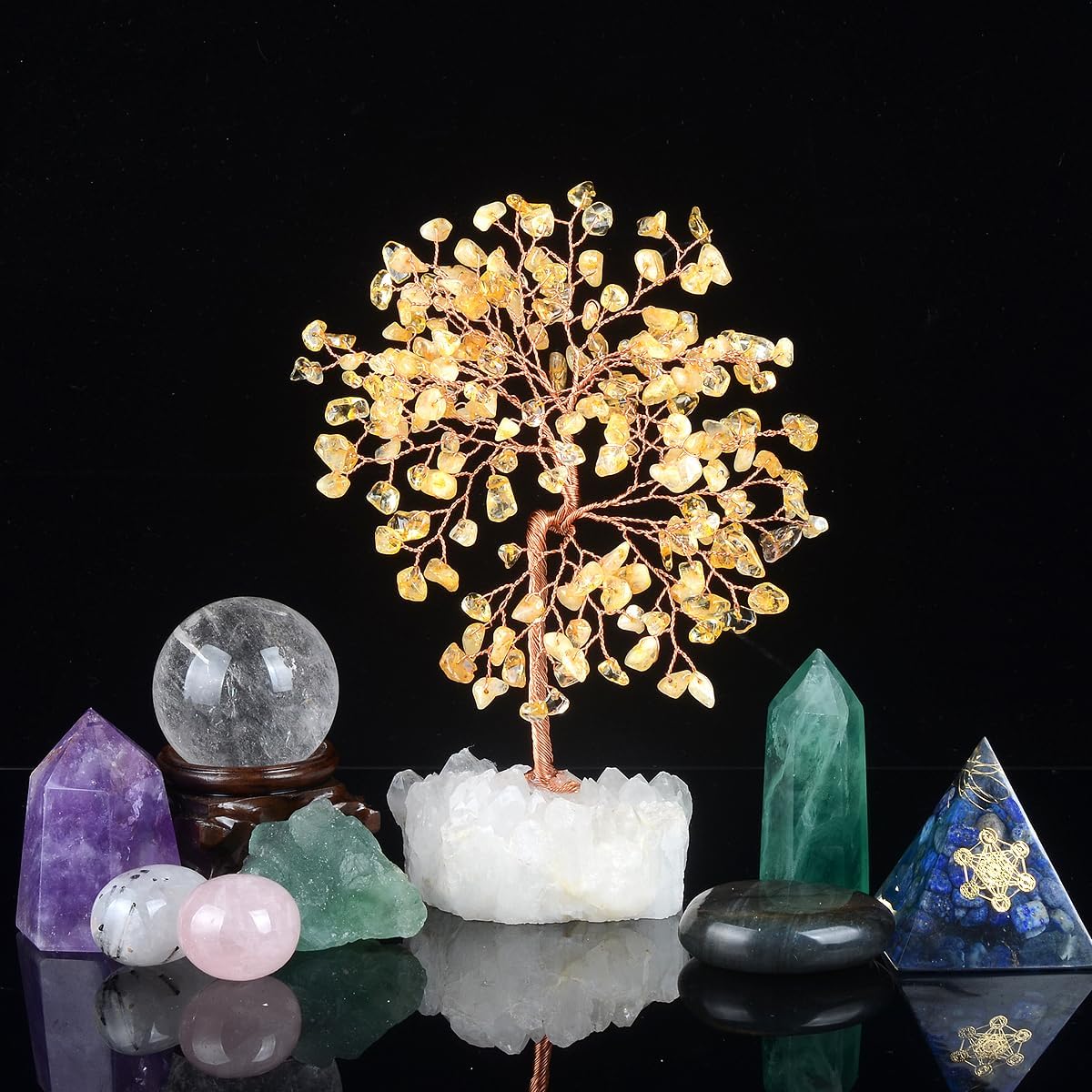 Natural Citrine Gemstone Crystal Tree of Life,Clear Quartz Cluster Base,Bonsai Money Tree Feng Shui Home Decor,Healing Crystals Positive Energy for Luck and Wealth 5.5"-6.3"
