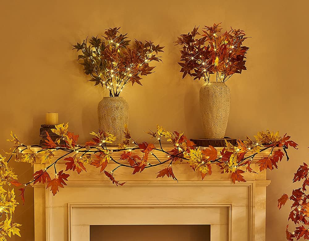 Hairui Lighted Maple Leaf Garland with Timer 6FT 24 Warm White LED, Fall Garland with Lights Battery Operated for Thanksgiving Harvest Christmas Wedding Decoration Indoor Outdoor